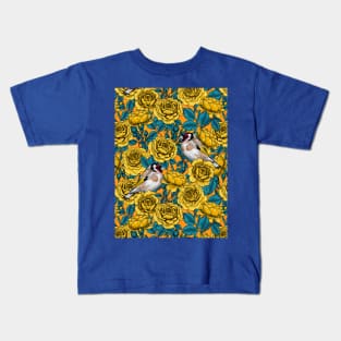 Yellow rose flowers and goldfinch birds Kids T-Shirt